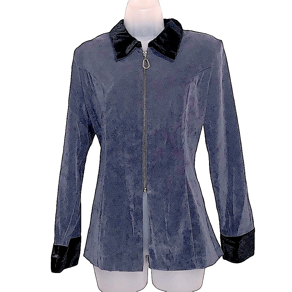 Vintage La Moda Velvet Collar & Cuff Suede Full Zip Jacket Coat Gray Black Large